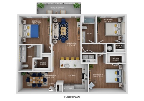 Floor plan for 3 beds, 2 baths, 1377 sqft